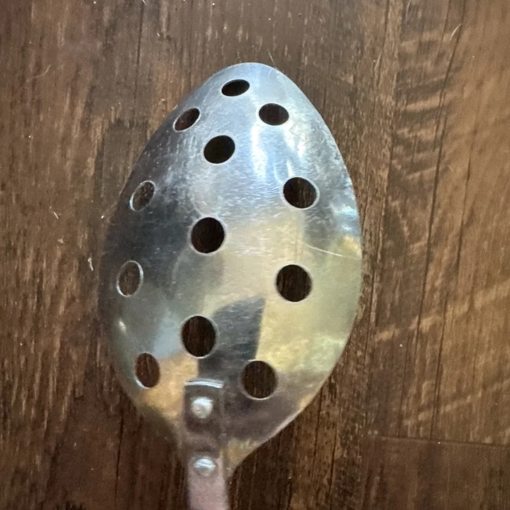 Vtg Stainless Steel Slotted Serving Spoon Carved Wooden Handle Japan 13